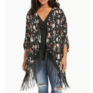 TORRID Black Floral Drape Kimono Fringe Hem Size 1 14-16/1X Boho Festival